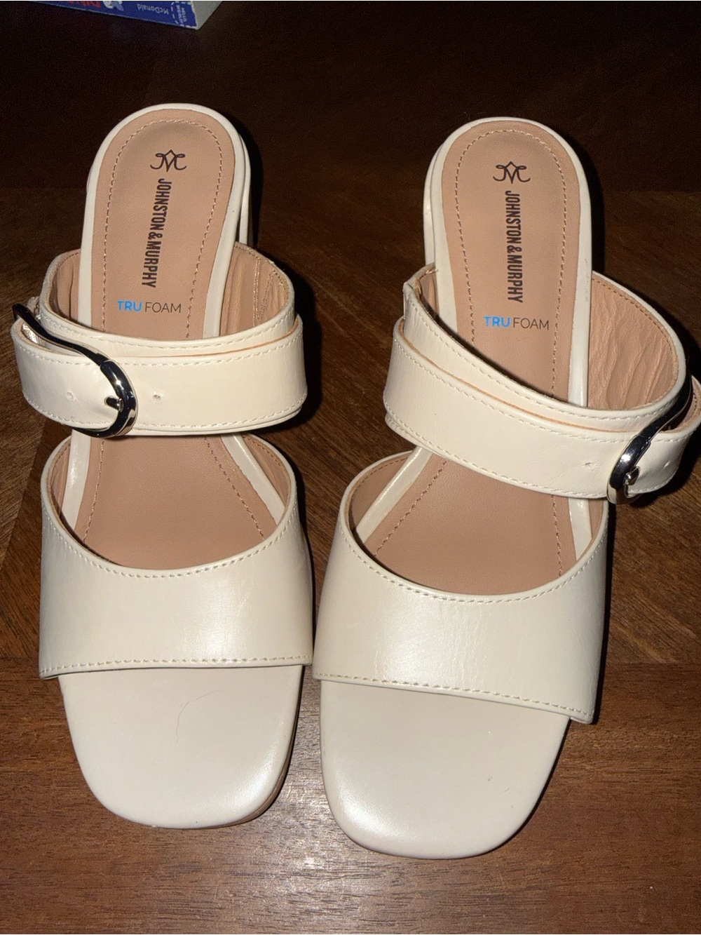 Johnston & Murphy Ivory Slide Mules with Buckle Strap